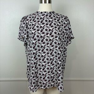 Loft Blouse Top Garden Floral Mock Neck Flutter Sleeves Size L Three Button Back